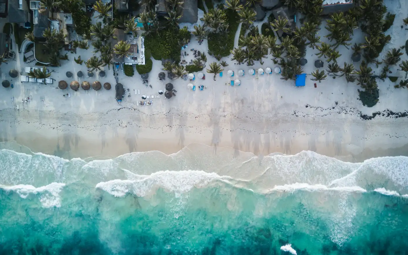 Vista aérea de una playa de arena con palmeras y oleaje turquesa